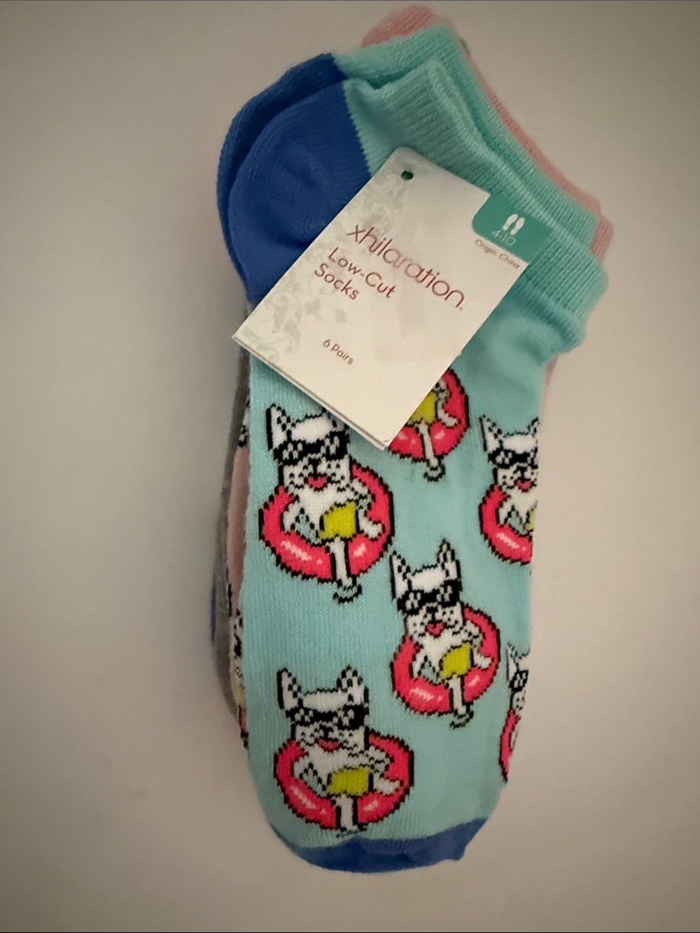 Xhilaration Light Blue Low-Cut Socks with Pink Float French Bulldog Pattern